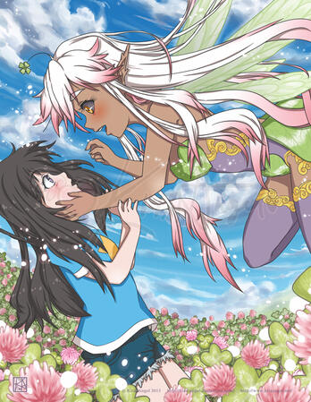 Clovers. A girl comes face to face with a playful clover fairy. Paint Tool SAI.