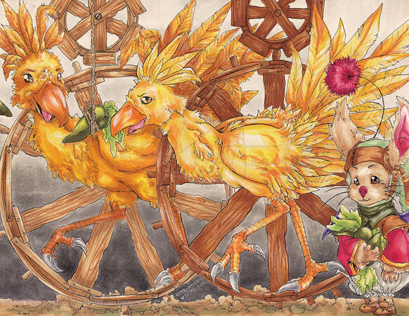 Chocobo Labour. Chocobos could power the world, if given the right motivation that is. COPIC Markers, Sakura Micron pens, 9"x12" Watercolour paper.