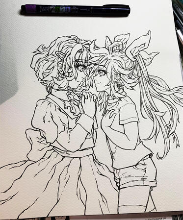 Spring Melody. An unlikely pair of girls become friends after school, one a music student and the other in sports teams, brought together by their need for understanding. Tombow brush pens, 9"x12" cold press watercolour paper.