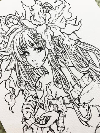Lily Girl. Calm vibes, droopy flowers. Tombow brush pens, 6"x9" cold press watercolour paper.
