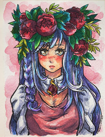 Garnet. Started with a January themed idea around the birthstone garnet... and then turned into a lovely drawing of a girl with a peony flower crown. Watercolour paints, Tombbow brush pens, 6"x9" cold press watercolour paper.