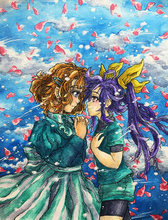 Spring Melody. An unlikely pair of girls become friends after school, one a music student and the other in sports teams, brought together by their need for understanding. Watercolour paint, Tombow brush pens, 9"x12" cold press watercolour paper.