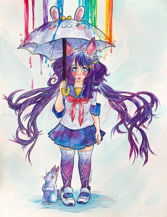 Rainbow Rain. A magical umbrella to brighten up a rainy day. Watercolour, Tombow Brush pens, 9"x12" cold press paper.